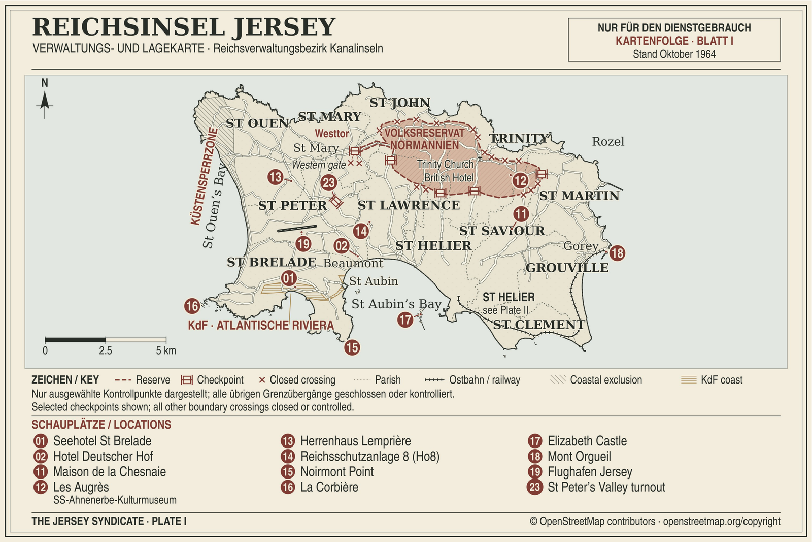 Landscape book map of fictional Jersey in October 1964, with parishes, numbered places, the inland Reserve, checkpoints and a bilingual key.