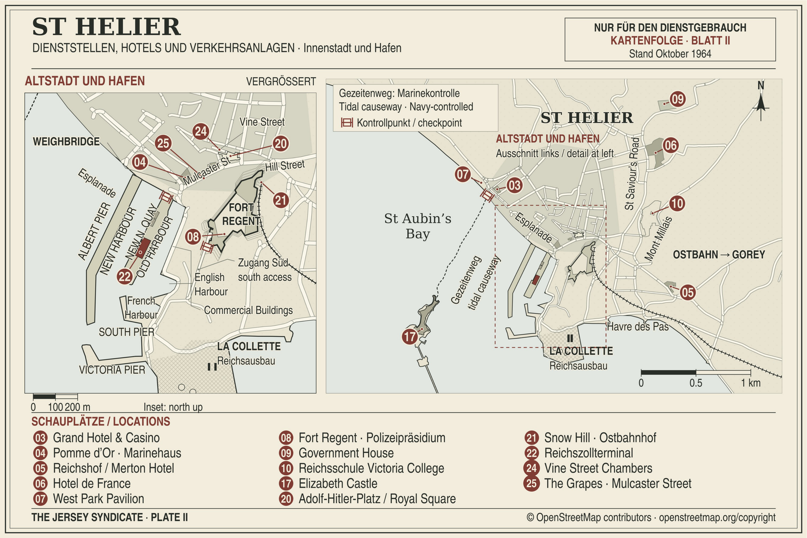 Landscape book map of fictional St Helier in October 1964, with a harbour inset, Fort Regent, roads, institutions, hotels and a numbered location key.