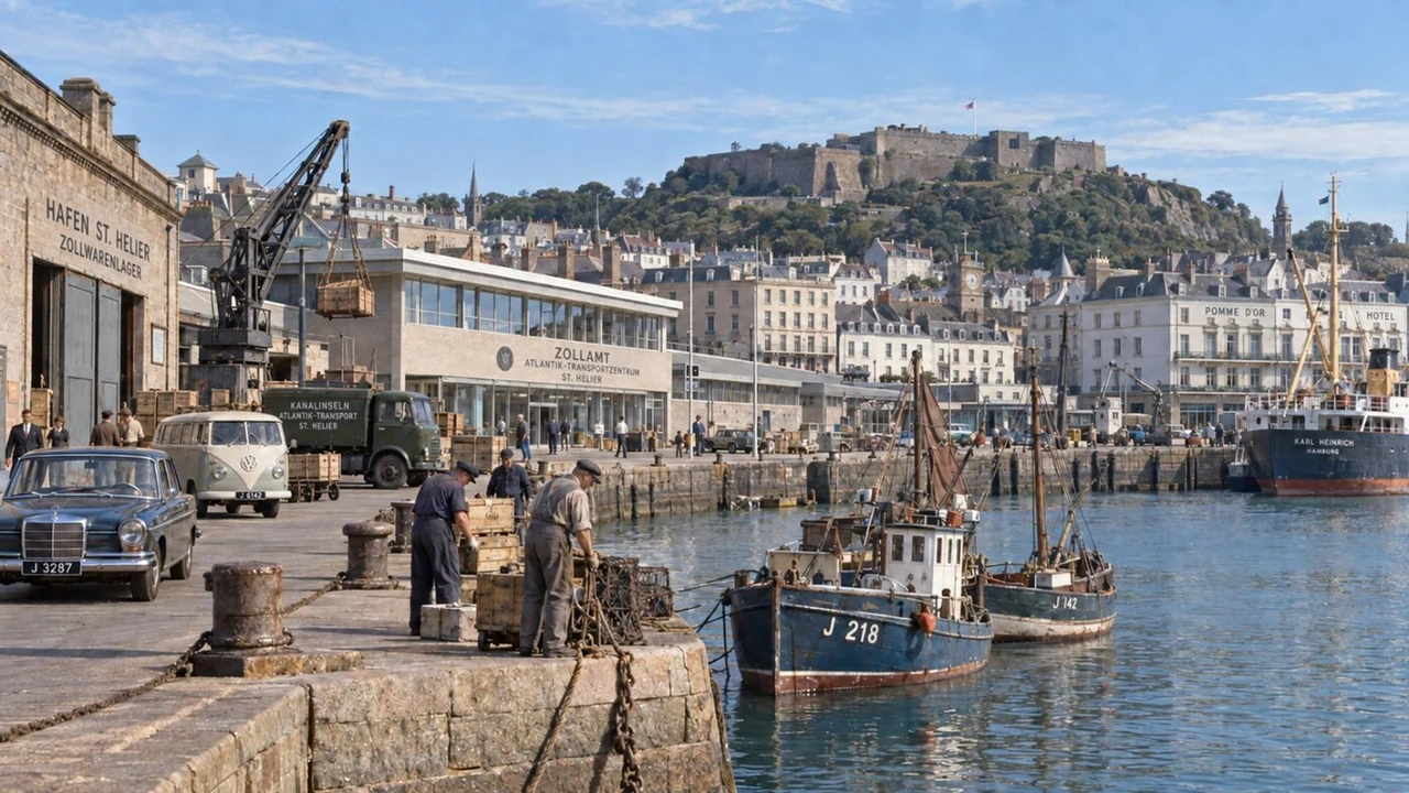 Fictional 1964 colour view across St Helier's working harbour, showing granite quays, fishing boats, German vehicles, a modern Customs terminal and Fort Regent above the town.
