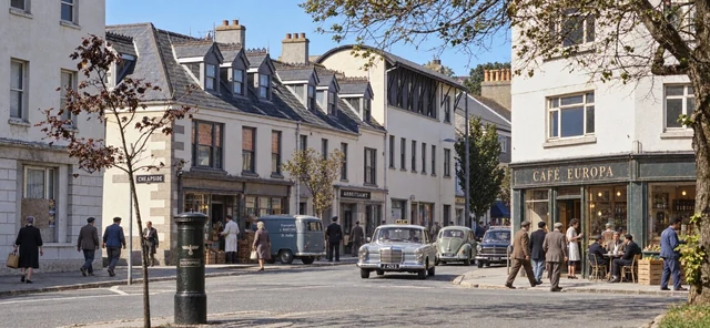 Fictional 1964 colour photograph of Cheapside, with German cars, Cafe Europa, shops and pedestrians from varied European and Mediterranean backgrounds.