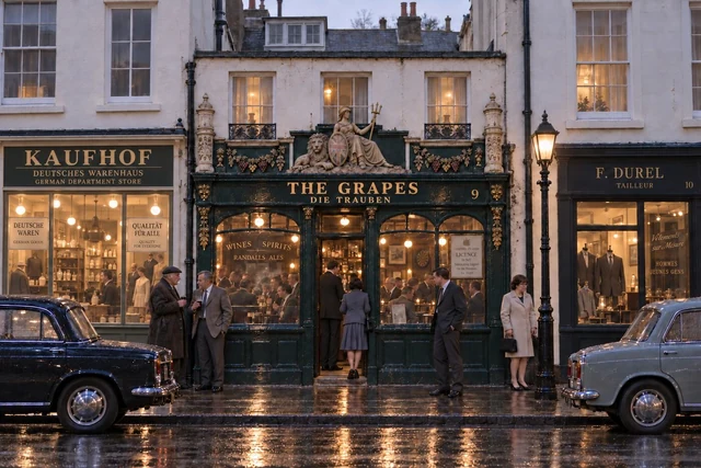 Fictional rainy 1964 street view of The Grapes on straight Mulcaster Street, with local patrons, German shop signs and period cars.