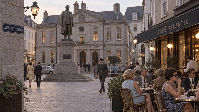 Fictional 1964 colour view of the contained Adolf-Hitler-Platz in St Helier, with people at Cafe Atlantik, a clear Hitler statue, period vehicles and a uniformed police officer walking through the square.
