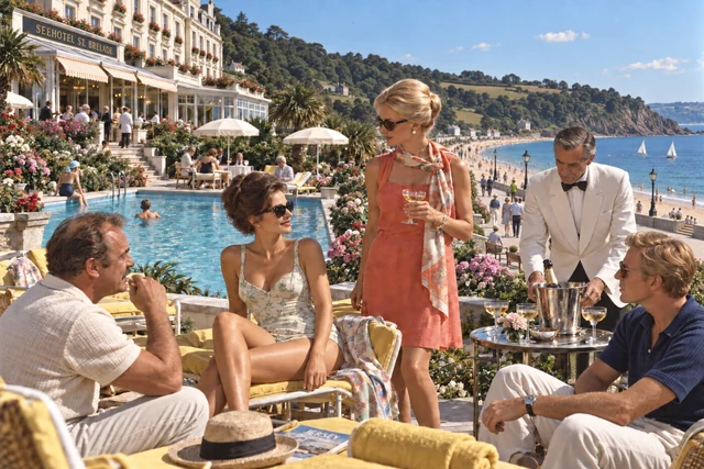 Fictional 1964 colour photograph of stylish adult guests taking champagne beside the pool at Seehotel St Brelade, above the promenade and curving bay.