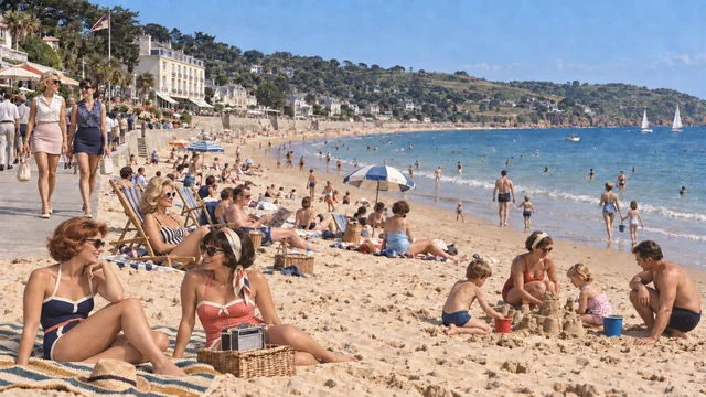 Fictional panoramic 1964 view of adult women in French-style beachwear, families and other visitors on busy St Brelade's Bay.