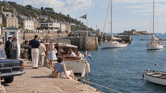 Fictional 1964 colour photograph of fashionable continental visitors and licensed locals beside period yachts in St Aubin's granite harbour, with the low granite-walled St Aubin's Fort on its tidal islet beyond.