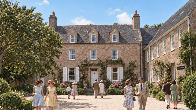 Fictional 1964 colour view of varied Reich visitors in the compact courtyard of Les Augrès Manor, with warm Jersey granite, three modest dormers, clipped gardens and a discreet SS-Ahnenerbe plaque on the right-hand wing.
