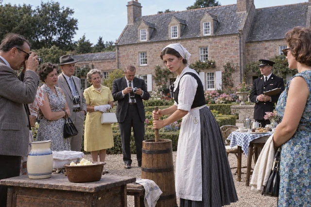 Fictional 1964 colour photograph of a young adult woman demonstrating butter making for Reich tourists in the courtyard of Les Augrès Manor, with an SS official at the edge.