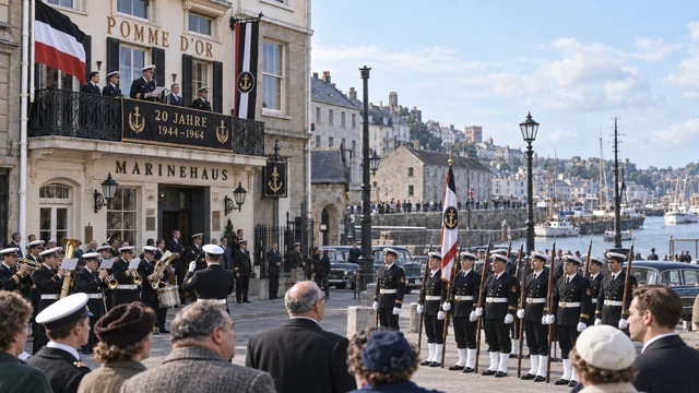 Fictional 1964 colour photograph of an Incorporation Day naval ceremony at the Pomme d’Or Marinehaus, with balcony officials, a white-gaitered guard, band and black-white-red Reich civil/state tricolours.