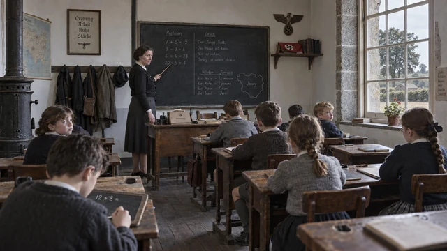 Fictional 1964 colour photograph inside Trinity School in Jersey, showing Reserve children at worn wooden desks while a stern teacher points to German arithmetic, reading and Jèrriais lessons on a blackboard; Reich and SS insignia mark the controlled classroom, and the windows look onto hedgerows and fields with no church visible.